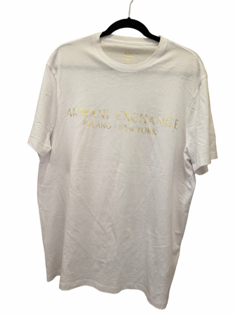 New Men's Armani Exchange Short Sleeve Tee, Size XL, White and Gold